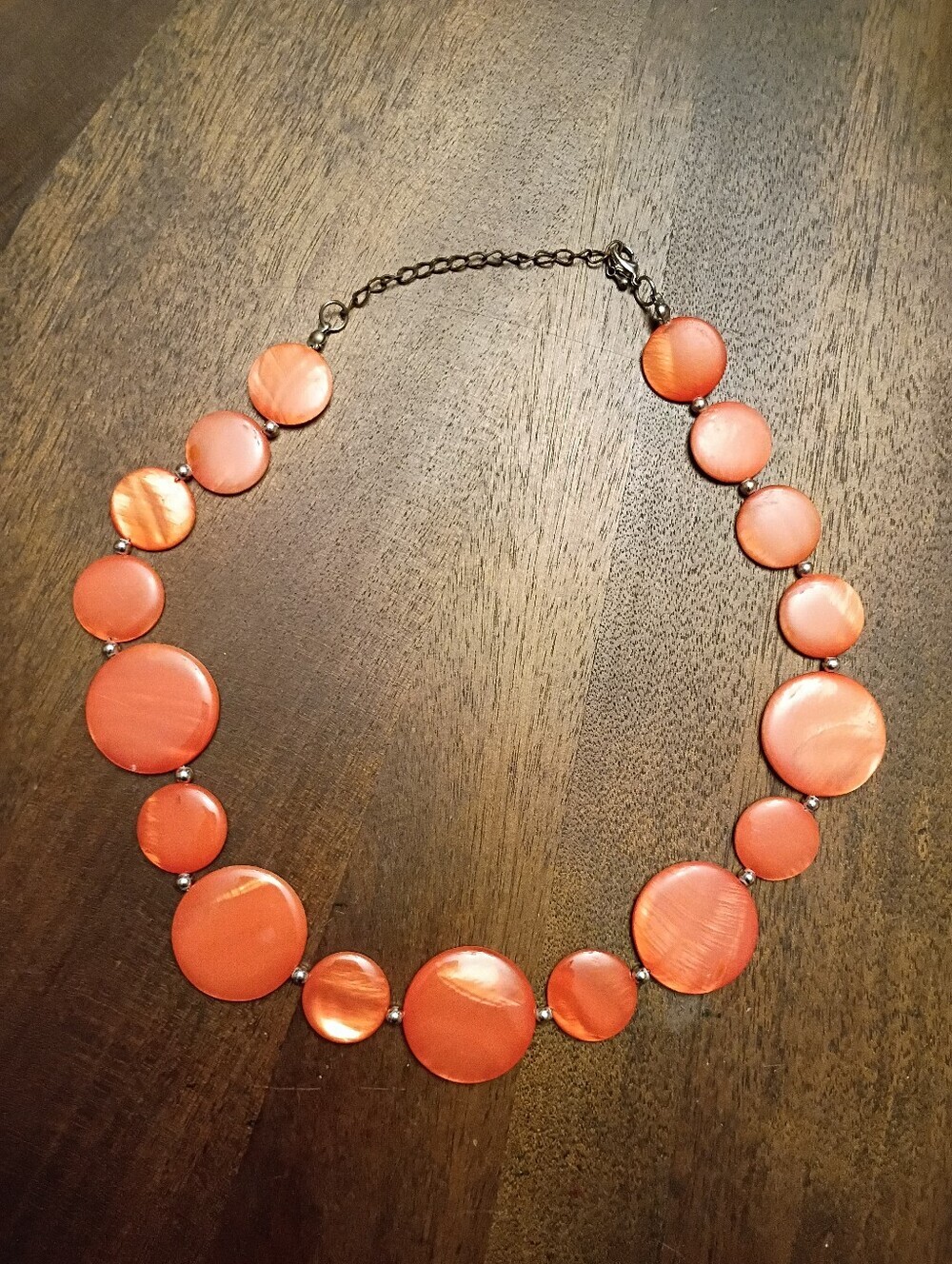 Vintage Coral Orange Shell Disc Statement Necklace Adjustable 20"-22" Boho Coast